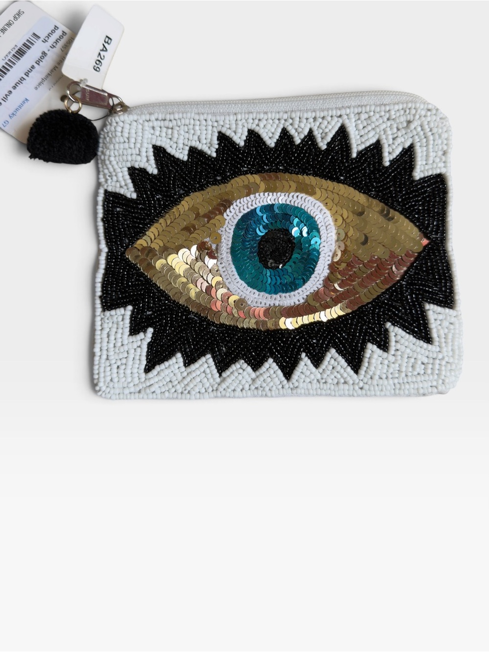 Beaded Eye Sequin Zip Pouch - White with Gold & Blue Accent